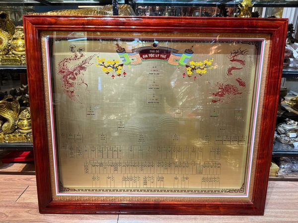 Gia phả đồng nguyên tấm ăn mòn khung gỗ hương 78*94,5