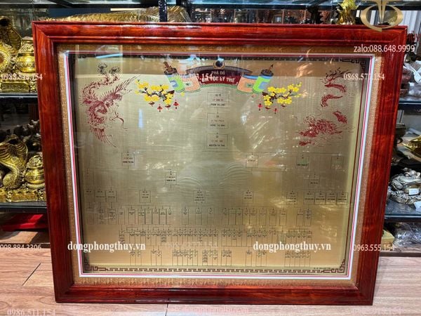 Gia phả đồng nguyên tấm ăn mòn khung gỗ hương 78*94,5