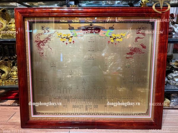 Gia phả đồng nguyên tấm ăn mòn khung gỗ hương 78*94,5