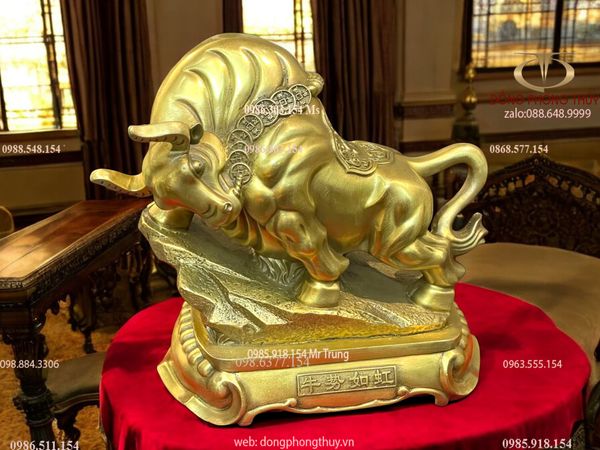 Tượng trâu vàng phong thủy chữ Nho cỡ lớn cao 26cm