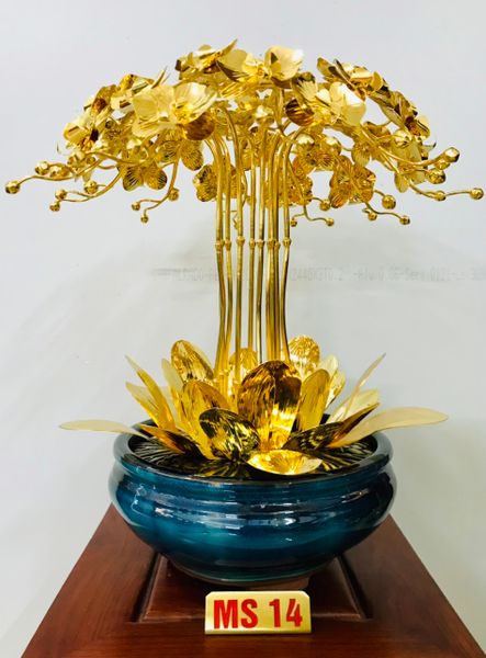 Quà tặng sếp mạ vàng-Chậu hoa lan đồng mạ vàng 24k 10 cành cao 45cm