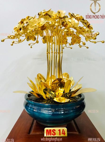 Quà tặng sếp mạ vàng-Chậu hoa lan đồng mạ vàng 24k 10 cành cao 45cm