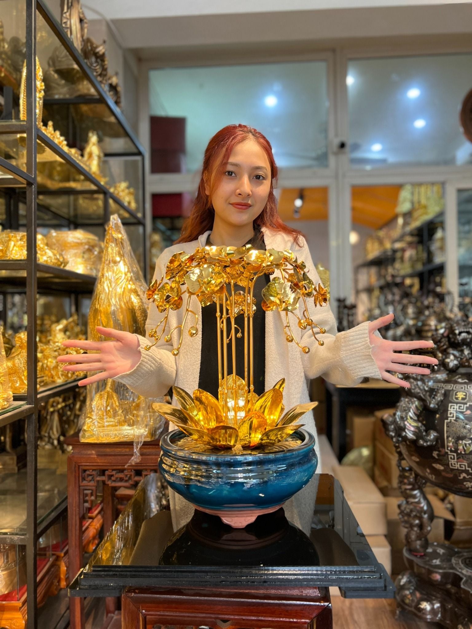 Quà tặng mạ vàng vip: Chậu hoa lan hồ điệp 5 cành cao 48cm mạ vàng 24k