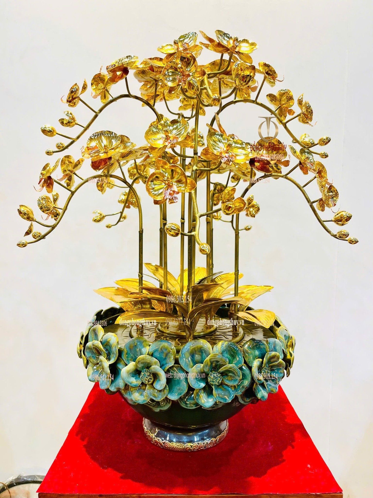 Chậu Lan mạ vàng 24k 9 cành - thân giả cổ  Cao 57cm Đk chậu: 30cm