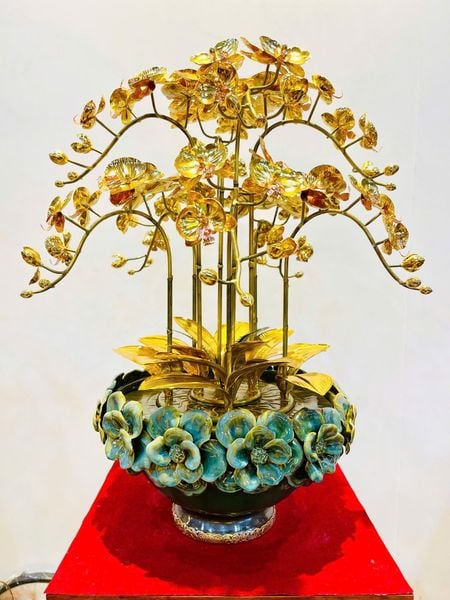 Chậu Lan mạ vàng 24k 9 cành - thân giả cổ  Cao 57cm Đk chậu: 30cm