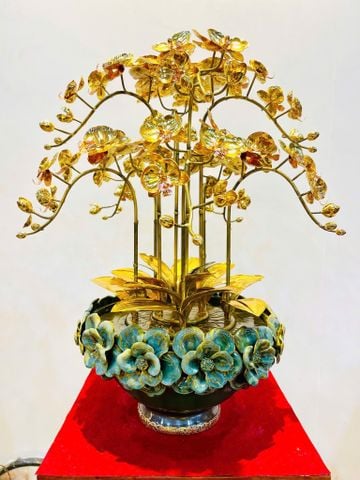 Chậu Lan mạ vàng 24k 9 cành - thân giả cổ  Cao 57cm Đk chậu: 30cm