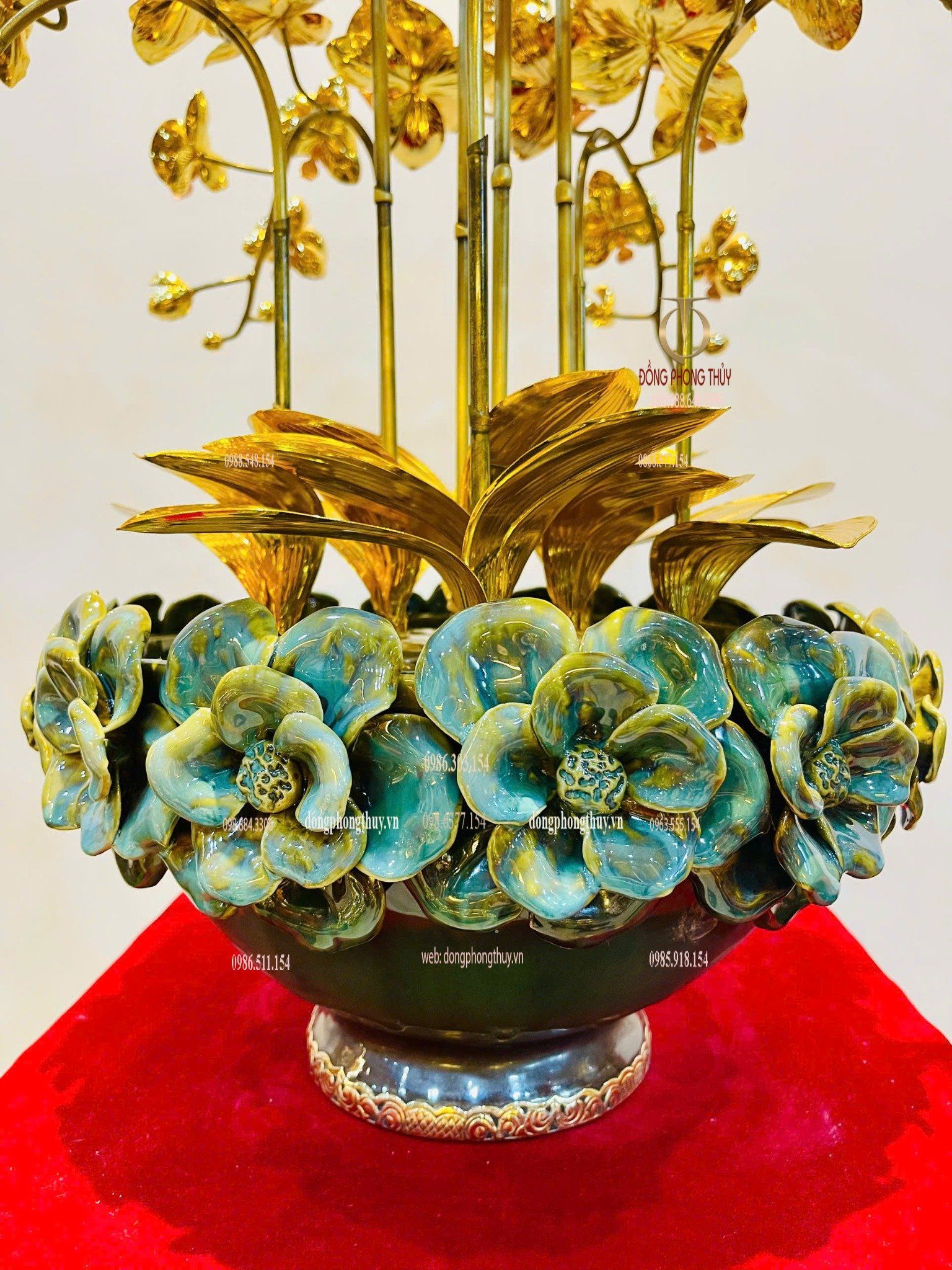 Chậu Lan mạ vàng 24k 9 cành - thân giả cổ  Cao 57cm Đk chậu: 30cm