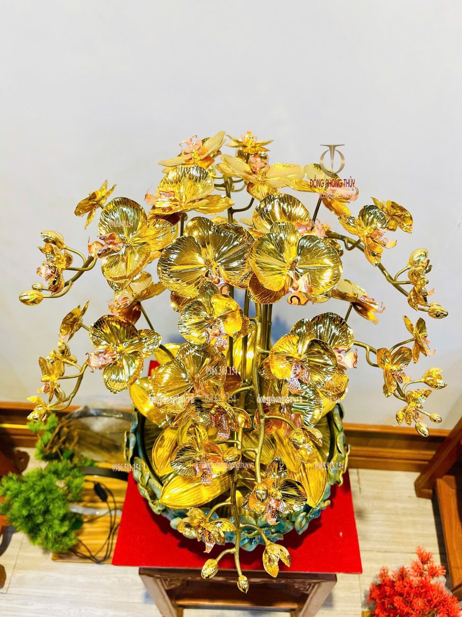 Chậu Lan mạ vàng 24k 9 cành - thân giả cổ  Cao 57cm Đk chậu: 30cm