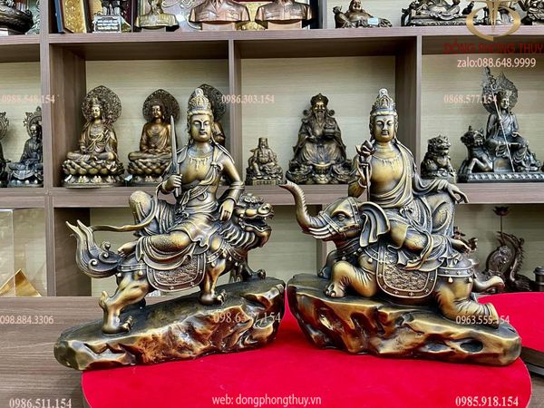 Hoa nghiêm tam thánh bằng đồng cao 30cm màu hun nâu