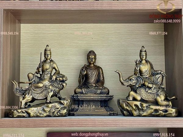 Hoa nghiêm tam thánh bằng đồng cao 30cm màu hun nâu