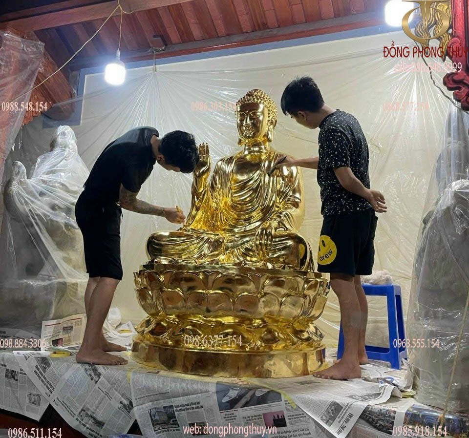 Hoa nghiêm tam thánh bằng đồng đỏ dát vàng 24k