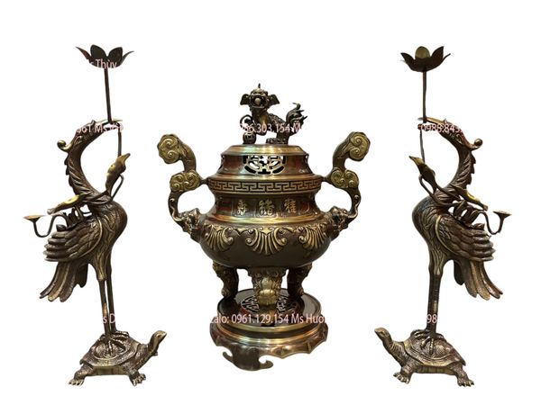Bộ tam sự đỉnh hạc 50cm đỉnh đồng hoa sòi hun