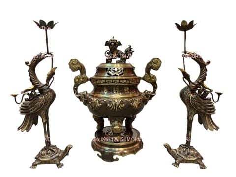 Bộ tam sự đỉnh hạc 50cm đỉnh đồng hoa sòi hun