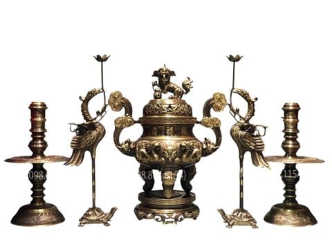 Đỉnh Đồng Ngũ sự song long hun nâu cạo màu 70cm 42kg