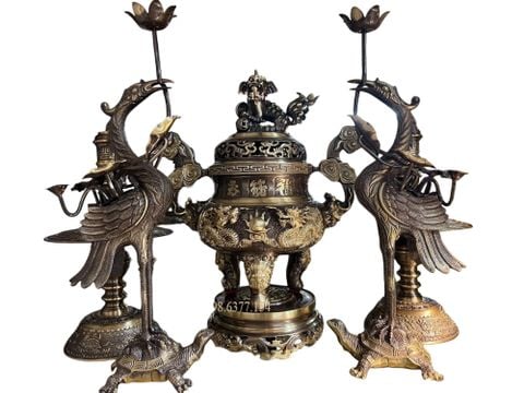 Bộ đỉnh đồng ngũ sự thờ 40cm màu hun xanh cạo song long chầu nguyệt