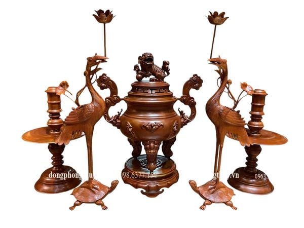 Bộ đỉnh đồng thờ ngũ sự mẫu cổ dơi ngũ phúc màu cổ cao 60cm