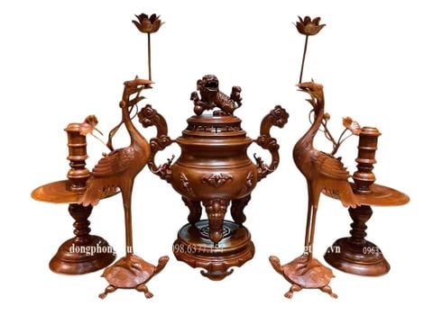 Bộ đỉnh đồng thờ ngũ sự mẫu cổ dơi ngũ phúc màu cổ cao 60cm