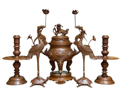 Bộ đỉnh đồng thờ Ngũ sự sòi cao 60cm nặng 32kg màu cổ