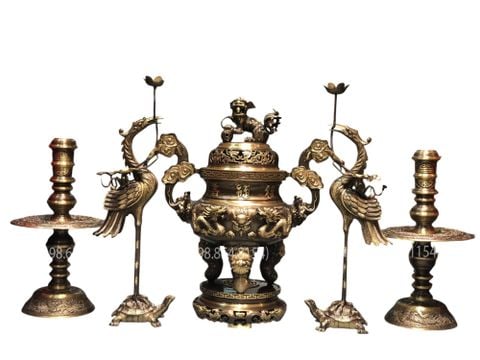 Đỉnh Đồng Ngũ sự song long hun nâu cạo màu 65cm 33kg