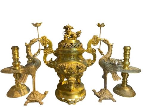 Đỉnh đồng ngũ sự song long vàng đậm 60cm, nặng 26kg