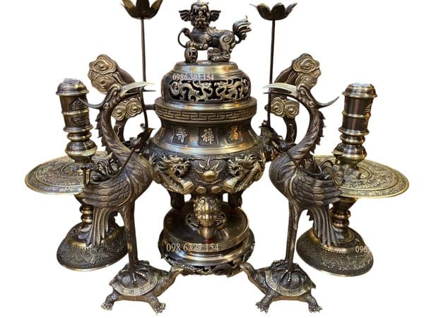 Bộ đỉnh đồng ngũ sự 60cm màu hun xanh cạo nặng 29kg song long