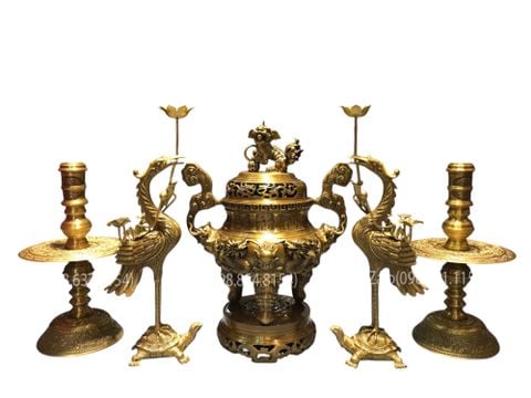 Bộ đỉnh đồng ngũ sự song long vàng đậm 50cm, nặng 19kg