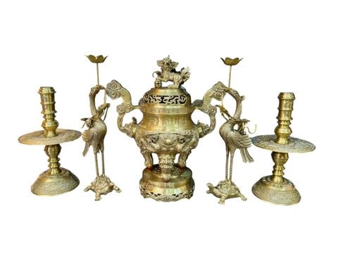 Bộ đỉnh đồng ngũ sự 50cm nặng 19kg song long chầu nguyệt vàng đậm