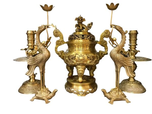 Bộ đỉnh đồng thờ ngũ sự  50cm song long chầu nguyệt