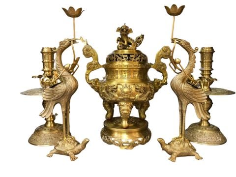 Bộ đỉnh đồng thờ ngũ sự  50cm song long chầu nguyệt