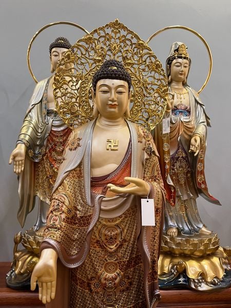 Tây Phương tam thánh đứng dát vàng 24k vẽ gấm tới đầu 48cm tới lá đề 54cm nặng 21kg/bộ