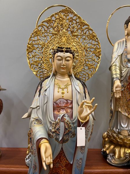 Tây Phương tam thánh đứng dát vàng 24k vẽ gấm tới đầu 48cm tới lá đề 54cm nặng 21kg/bộ