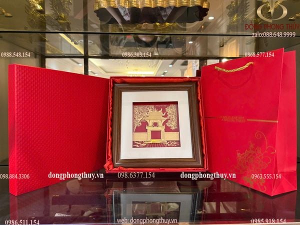 Tranh Khuê Văn Các bằng đồng mạ vàng 24k 24x24cm