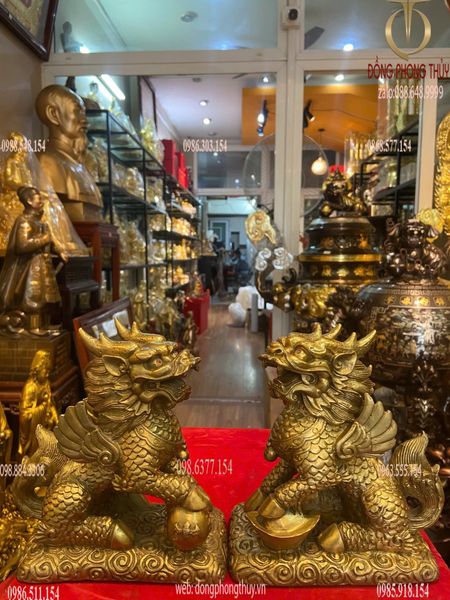 Đôi kỳ lân bằng đồng Ngang 14 sâu 8 cao 16,5 nặng 2,8kg