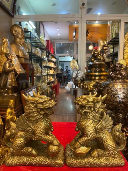 Đôi kỳ lân bằng đồng Ngang 14 sâu 8 cao 16,5 nặng 2,8kg