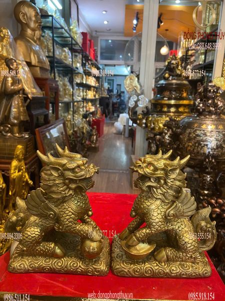 Đôi kỳ lân bằng đồng Ngang 14 sâu 8 cao 16,5 nặng 2,8kg