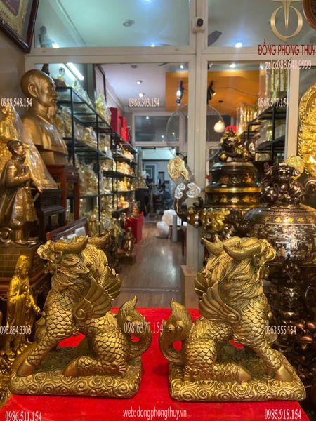 Đôi kỳ lân bằng đồng Ngang 14 sâu 8 cao 16,5 nặng 2,8kg