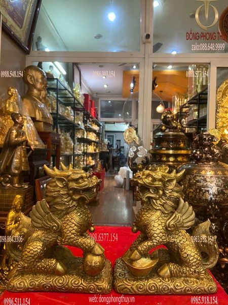 Đôi kỳ lân bằng đồng Ngang 14 sâu 8 cao 16,5 nặng 2,8kg