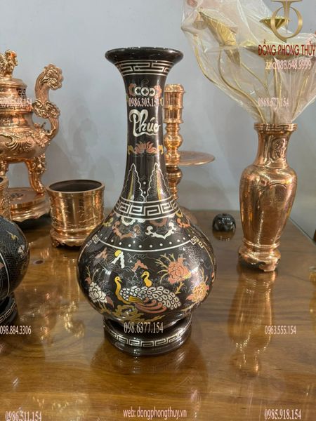 Đôi lọ hoa củ tỏi đồng đỏ khảm ngũ sắc