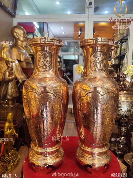 Đôi lục bình đồng đỏ Phúc - Lộc