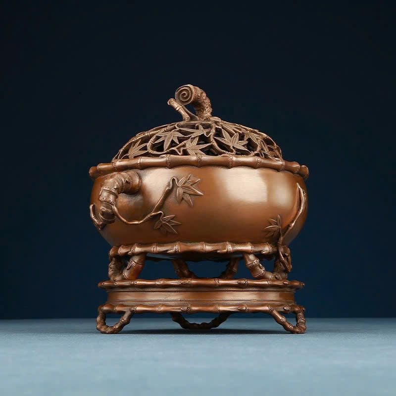 Lư đốt trầm trúc Ngang 22cm, rộng 17cm, cao 19,5cm, đường kính 14cm, độ sâu lò 5cm, nặng 6kg