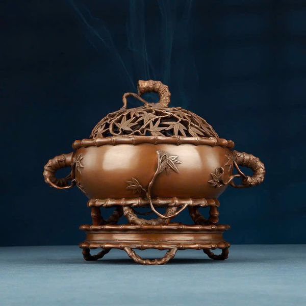 Lư đốt trầm trúc Ngang 22cm, rộng 17cm, cao 19,5cm, đường kính 14cm, độ sâu lò 5cm, nặng 6kg