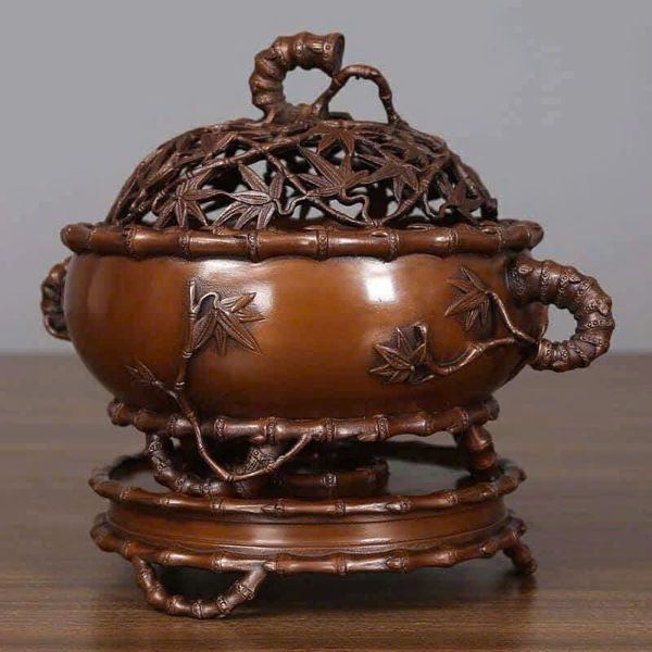 Lư đốt trầm trúc Ngang 22cm, rộng 17cm, cao 19,5cm, đường kính 14cm, độ sâu lò 5cm, nặng 6kg