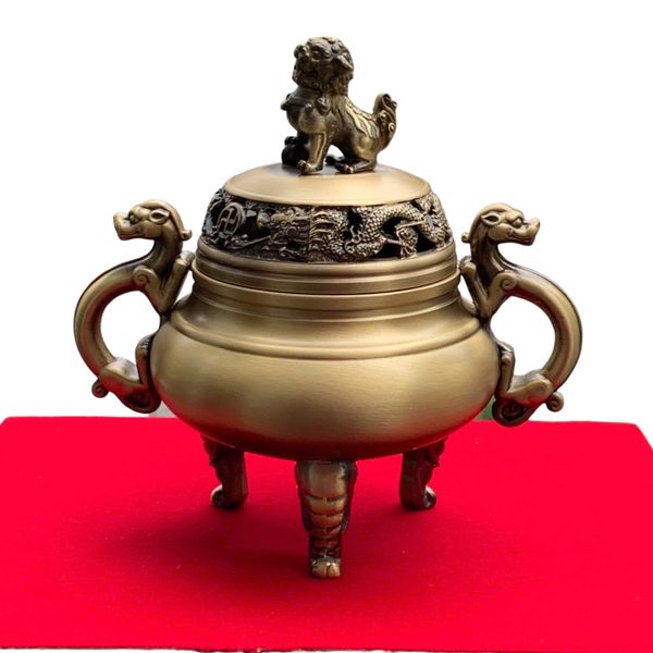 Lư xông trầm nắp nghê bằng đồng cao 14 ngang 14 sâu 9.5cm