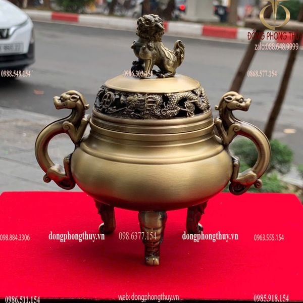 Lư xông trầm nắp nghê bằng đồng cao 14 ngang 14 sâu 9.5cm