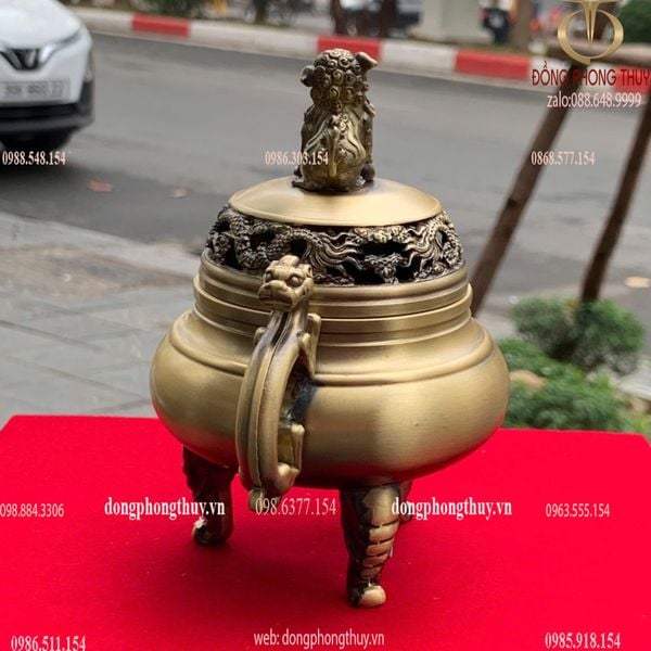Lư xông trầm nắp nghê bằng đồng cao 14 ngang 14 sâu 9.5cm