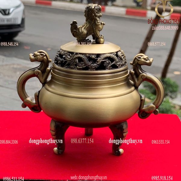 Lư xông trầm nắp nghê bằng đồng cao 14 ngang 14 sâu 9.5cm
