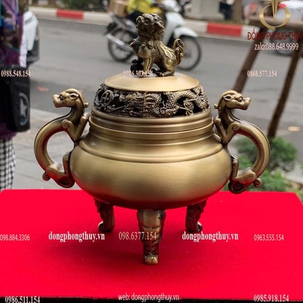 Lư xông trầm nắp nghê bằng đồng cao 14 ngang 14 sâu 9.5cm