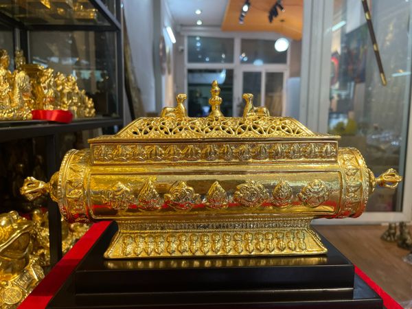 Lư xông trầm bằng đồng phòng thờ nhập khẩu Nepan dát vàng 24k
