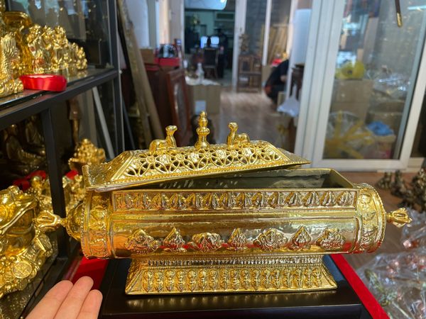 Lư xông trầm bằng đồng phòng thờ nhập khẩu Nepan dát vàng 24k