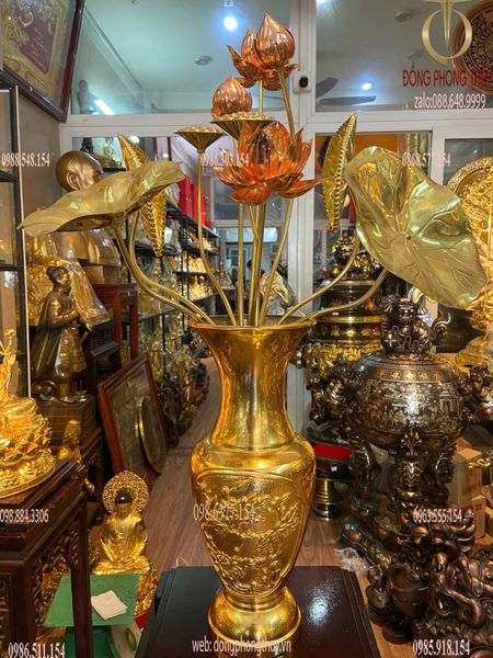 Đôi lục bình bằng đồng cao 35cm dát vàng 24K